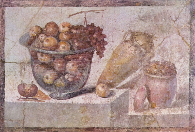 Stillleben mit Früchtekorb und Vasen. Pompeji, um 70 n. Chr.